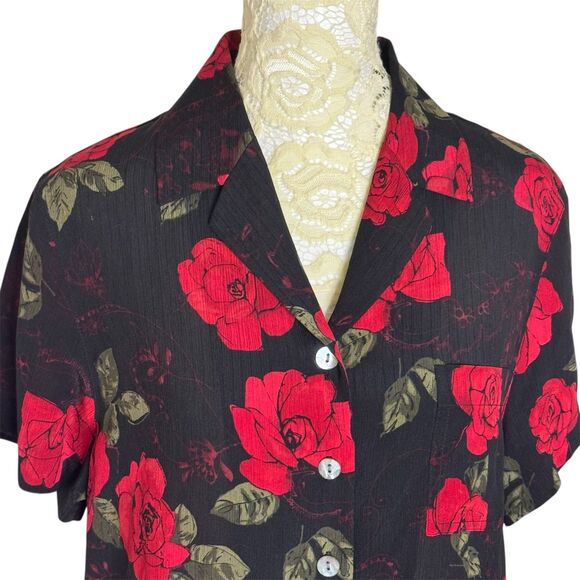 Amanda Smith Petites Silk Blouse Rose Button Front Collared Red Black PS - Picture 2 of 7